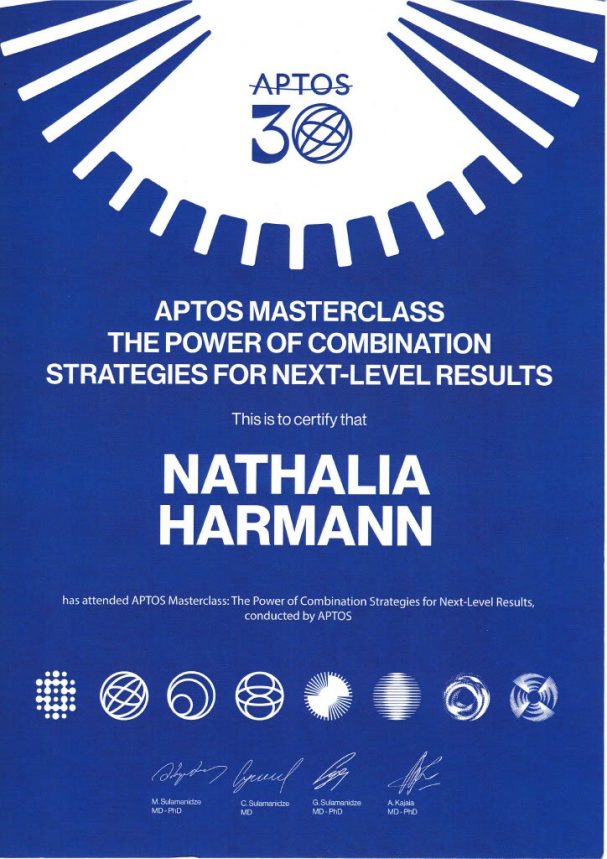 Zertifikat für Nathalia Harmann, Aptos Masterclass über Kombinationsstrategien.